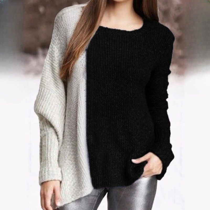 Loose Knitted Sweater Crew Neck Color Contrast Knitwear For Lady